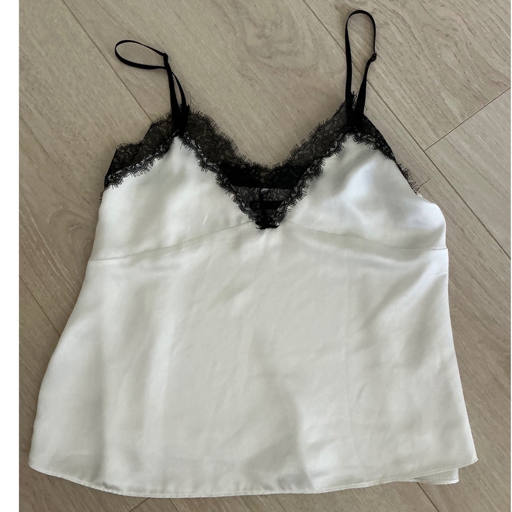 Zara White Satin Lace Trim Cami Top Black Eyelash Lace V-Neck Small 9093/650/250